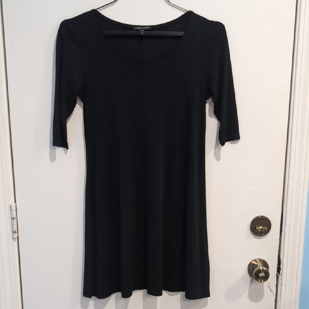Eileen Fisher Classic 3/4 Sleeve Black 100% Silk Dress Size XS Quiet Luxury